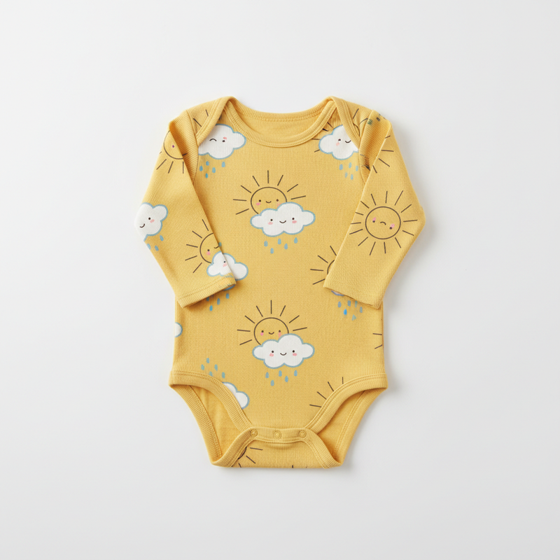 Body Infantil Amarelo com Sol e Nuvens