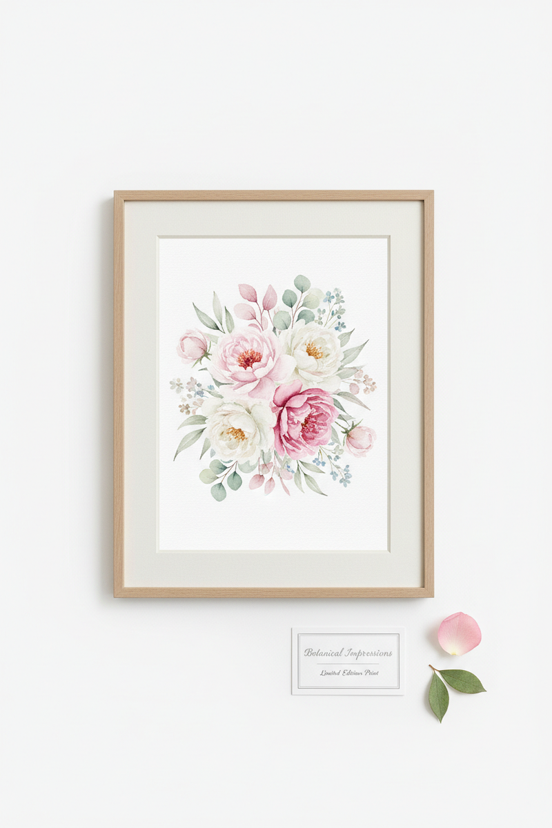 Quadro Floral Aquarela Peônias e Rosas Rosa